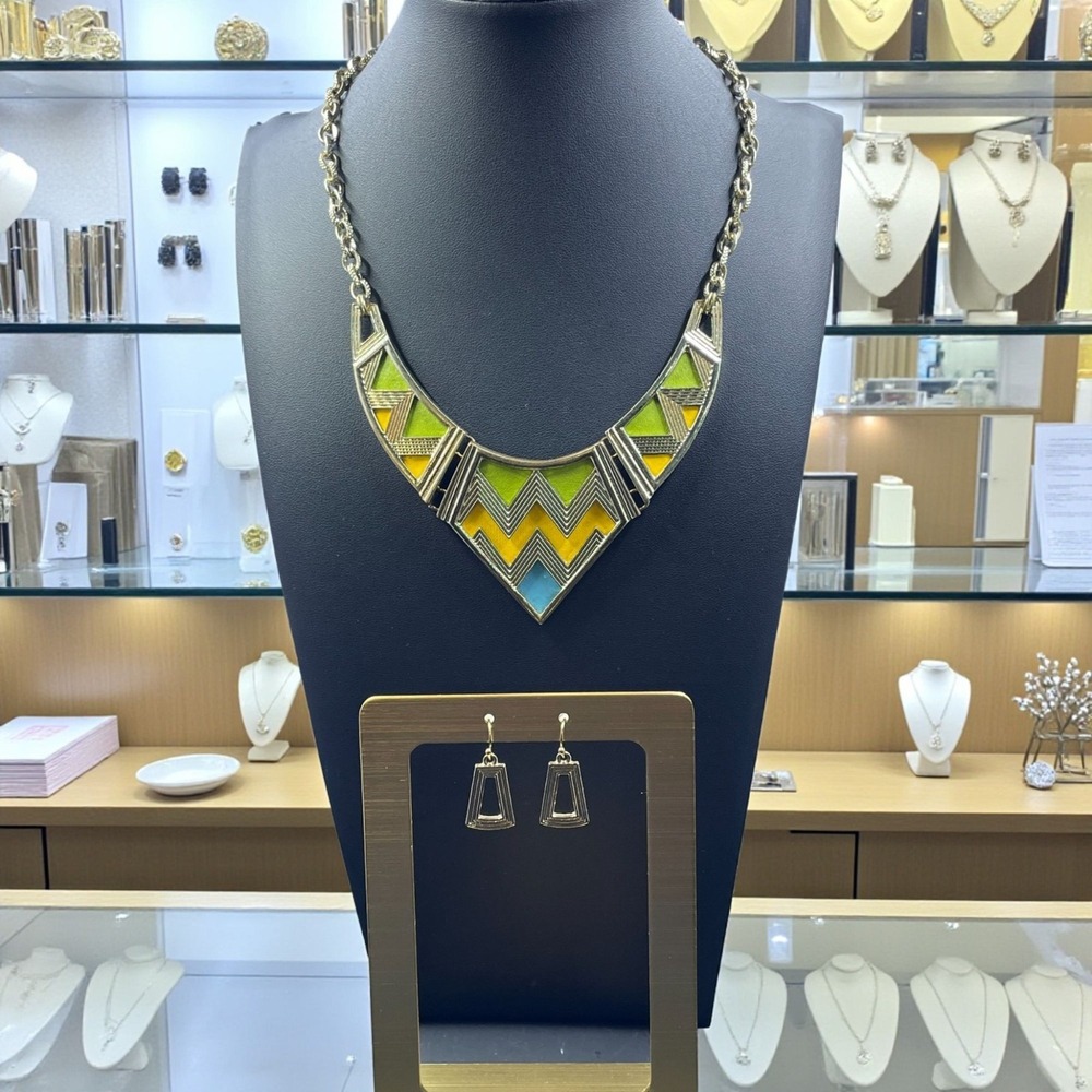 Geometric Statement Necklace Earrings Set Bohemian Festival Gold Bronze Jewelry‎